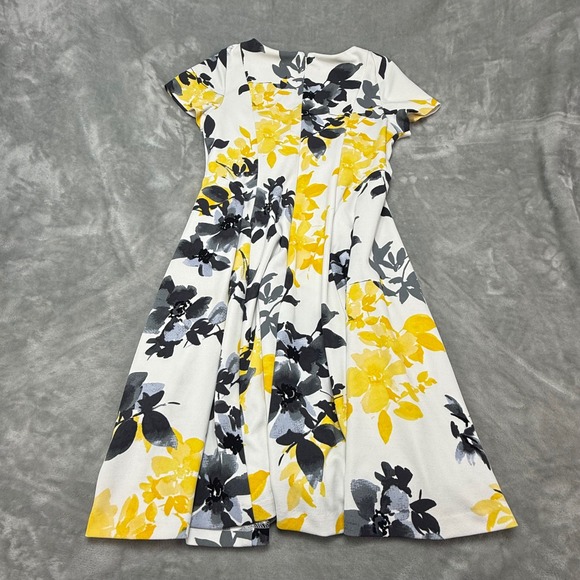 Eliza J Floral Flare Dress Yellow Black White Square Neck Short Sleeve Size 8 - Picture 3 of 7